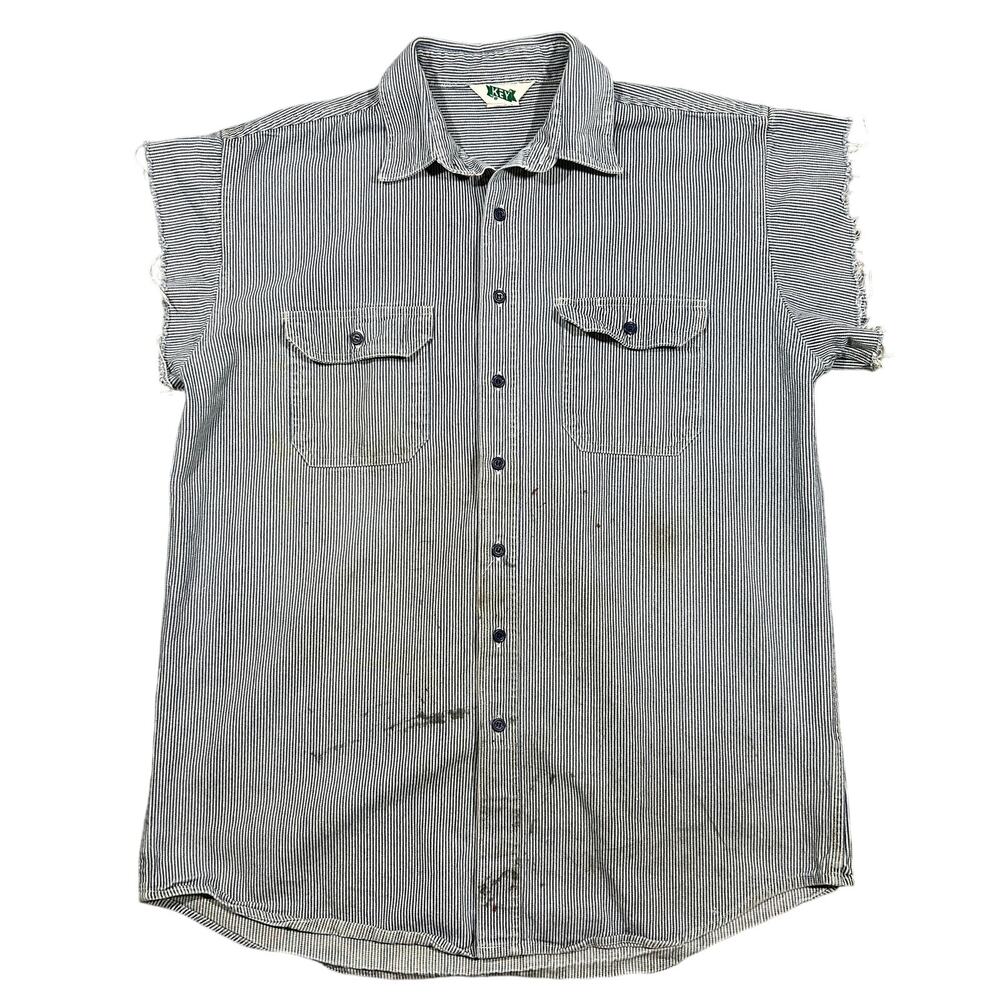 Vintage Key Workwear Hickory Stripe Cut Off Shirt Mens XLT Sleeveless Distressed